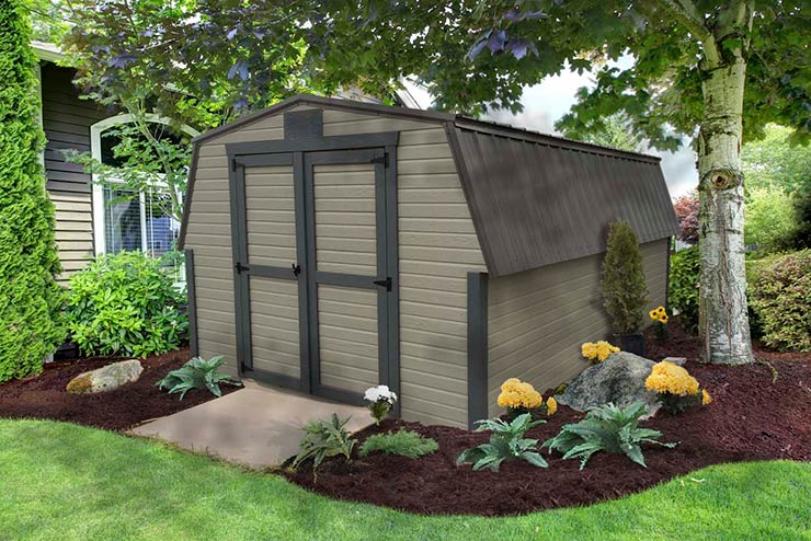 High Barn shed Smoke stain color Half log siding, Chestnut stain trim,
                                    Red metal roof, Wooden double doors with Transom windows.